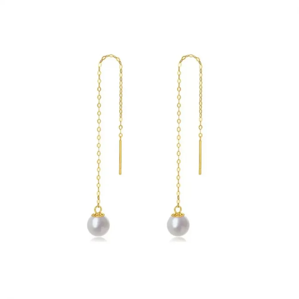 Japanese Akoya White Round Pearl Chain Earrings 14k Yellow Gold